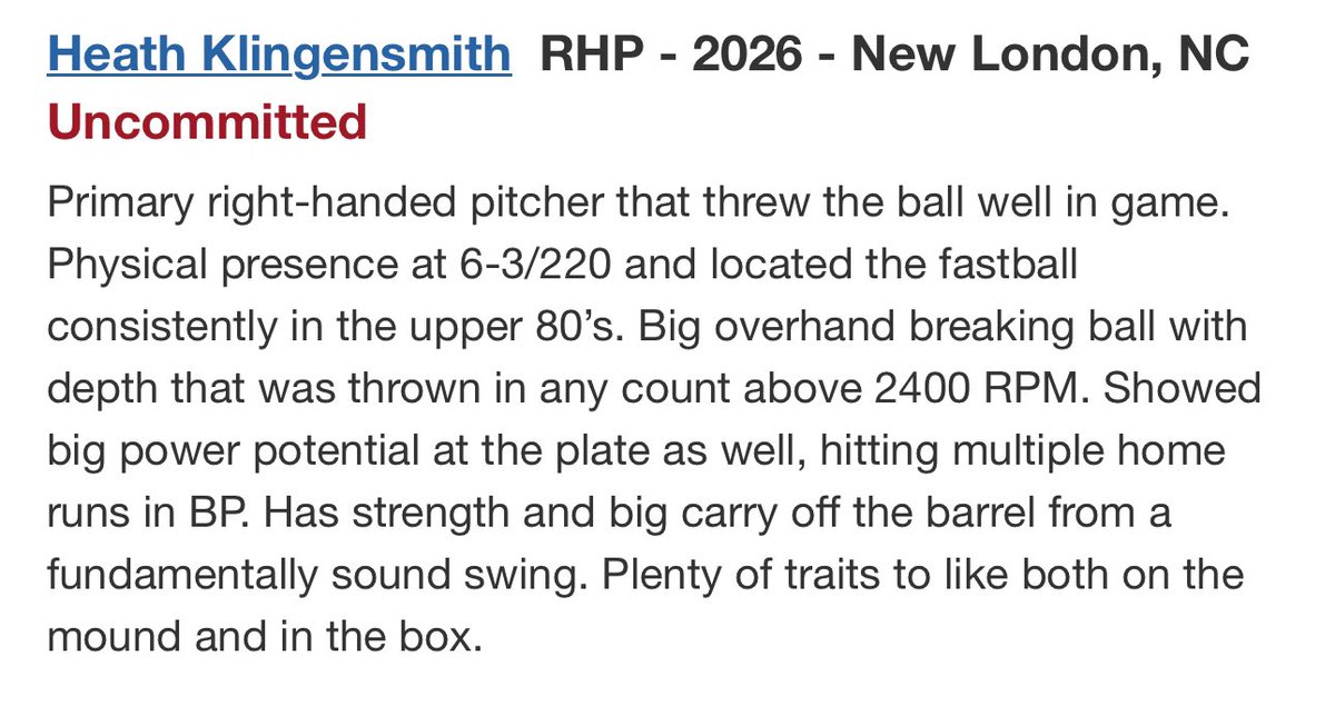 HKlingensmith26's tweet image. Excited to be named to the Top Prospect List at the #PGMainEvent.  Appreciate the write up by @PG_Scouting.  I’ll keep grinding to contribute on the mound and at the plate. 

@PremierAthlete_ 
@PanthersProgram
