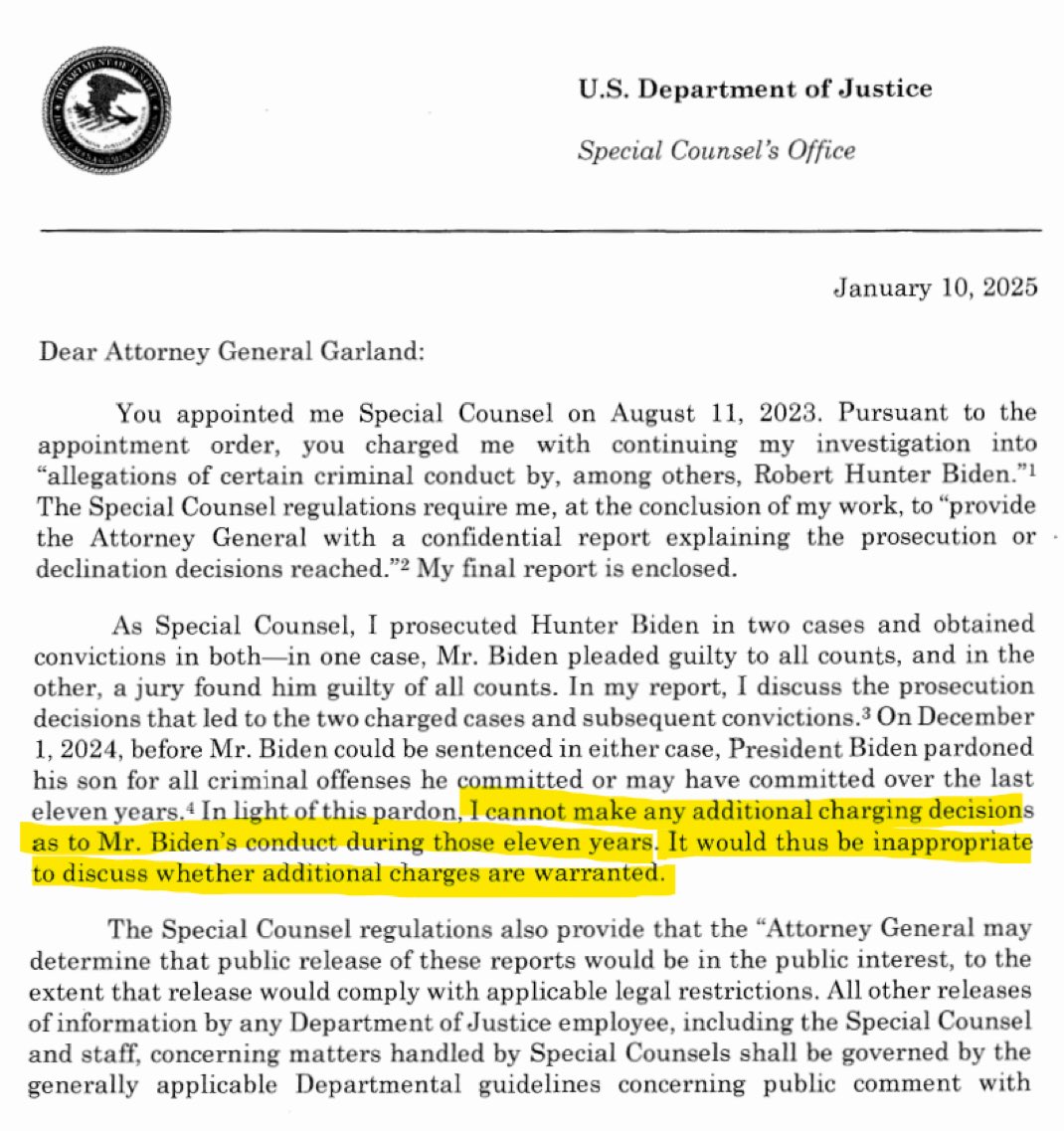 Bubblebathgirl's tweet image. Special Counsel’s final report on Hunter Biden says they can’t make any additional charges because of Joe pardoning Hunter.

The pardon was never about a father protecting his son. It was about a felon protecting his finances.