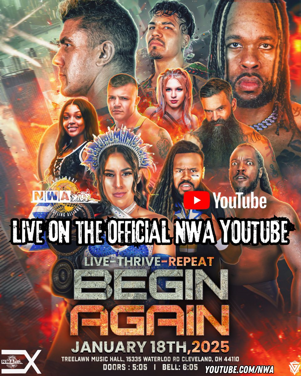 ExoProWrestling's tweet photo. WE’RE GOING LIVE!

NWA Exodus Pro Wrestling is proud to stream our first show of 2025 “Begin Again” LIVE on the official @nwa YouTube Channel!

NWA Midwest Championship @PrettyBoySmooth, alongside @PastorC_Lo, defends his title against @_dantecasanova_ 

NWA Exodus Women’s Champion “La Princesa” @TiffanyNieves_ defends against @kyliealexxa 

The NWA Television Championship will be on the line as @CarsonDrake00 with @AronsThoughts defends against bitter rival @LordCreweKills 

@MostMarketable and NWA Exodus Tag Team Champions @ItsTheManeEvent (@DukeDavisTME & @GanonJonesJr) take on @TheKalHerro and Major League (@Rexsafety2nd & @JRoccDaddy)

State Farm’s @MoneyMN34 makes his in ring debut as he faces off against “Strictly Business” @B_Barretta98 

@sambeale23 and @manbunjesus challenge The Slimeballz (@slimeballsage & @SlimetimeTommy) in a BEALE/BALLZ ROOM BRAWL

“The Unchained King” Brandon Day and @WildAnimalFox will face off against @412mambo and a partner of his choosing

“The It Girl” @ltsMayaWorld will be in action

The FIRST EVER Cleveland Crossroads Match will take place as four competitors look to start 2025 off with a win

Also scheduled to appear: 
“The Overman” @therealec3 
Cleveland’s Snack Daddy @S_johnson_voice 
“The Ultrastar” @theashtonday 
“The Wildcard” @Cnapier_00 
Alienated Youth (@martianwebbz & Riley Reinhart)

and more!

All this, and so much more, takes place at 6:05 PM on 1/18 at The Tree Lawn Music Hall as NWA: Exodus Pro continues to grow as the destination for exciting, family friendly, and red hot professional wrestling action!

VIP is SOLD OUT but limited Preferred and GA tickets remain available now, link in bio!