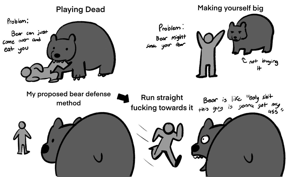 MonsterFangss's tweet photo. I propose a new method of bear encounter defense

Bear experts can you weigh in on this?

My thought process is that we get scared when smaller, weaker animals run towards us with confidence and fury

I think the same would go for bears https://t.co/cUCezlu0qp