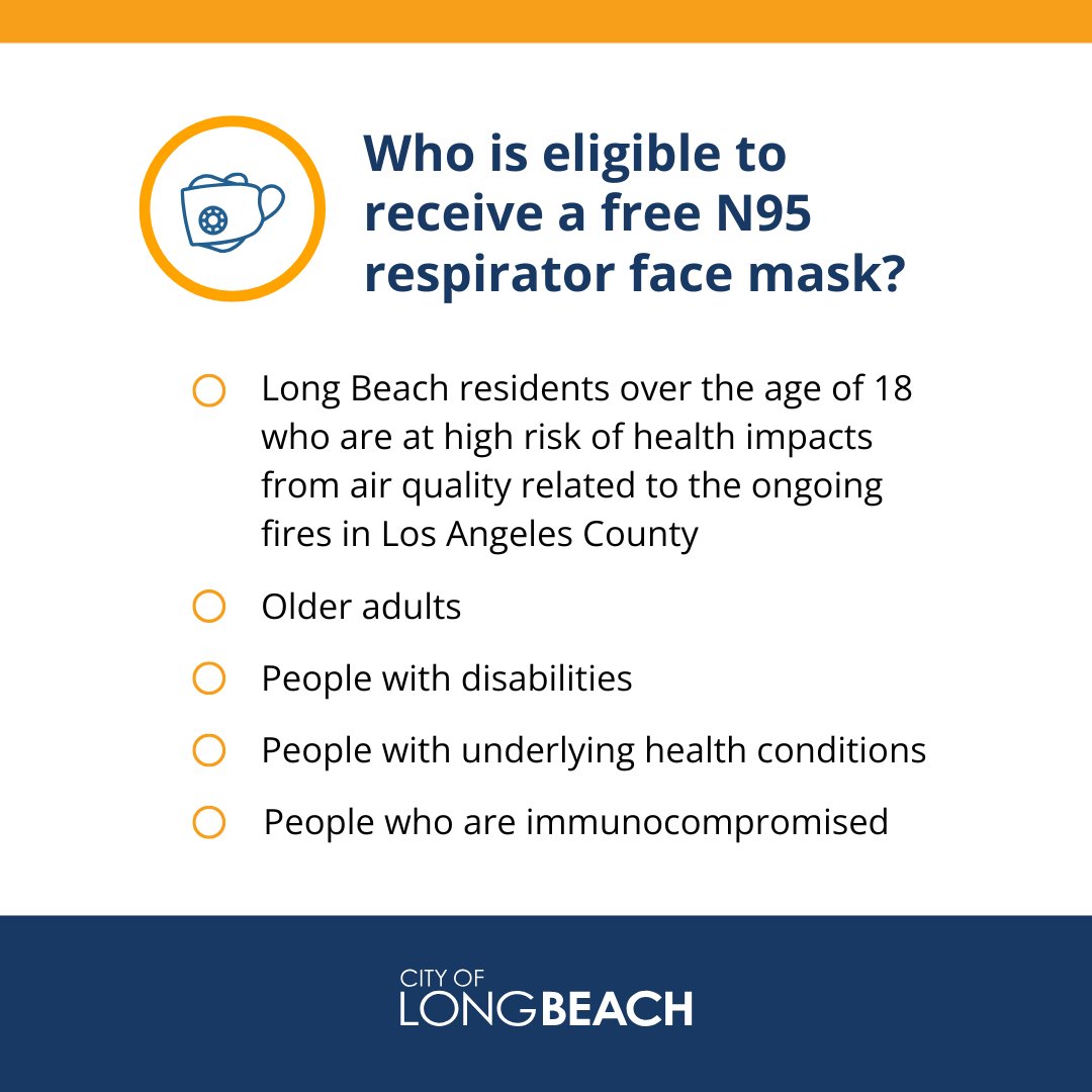 LBHealthDept's tweet photo. 📣 #ICYMI We are providing free N95 respirator face masks to Long Beach residents over the age of 18 who are at high risk of health impacts from air quality related to the ongoing fires in Los Angeles County. Read more here: https://t.co/C2CJTlN0td https://t.co/TSxj342Jo8