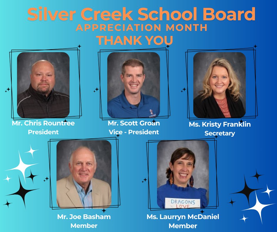 Silver Creek Elementary School (@elementarycreek) on Twitter photo A big thank you to our amazing school board members! These five individuals dedicate countless hours to serving our students and families, working tirelessly to ensure a brighter future for all. We truly appreciate your commitment and hard work! A big thank you to our amazing school board members! These five individuals dedicate countless hours to serving our students and families, working tirelessly to ensure a brighter future for all. We truly appreciate your commitment and hard work!