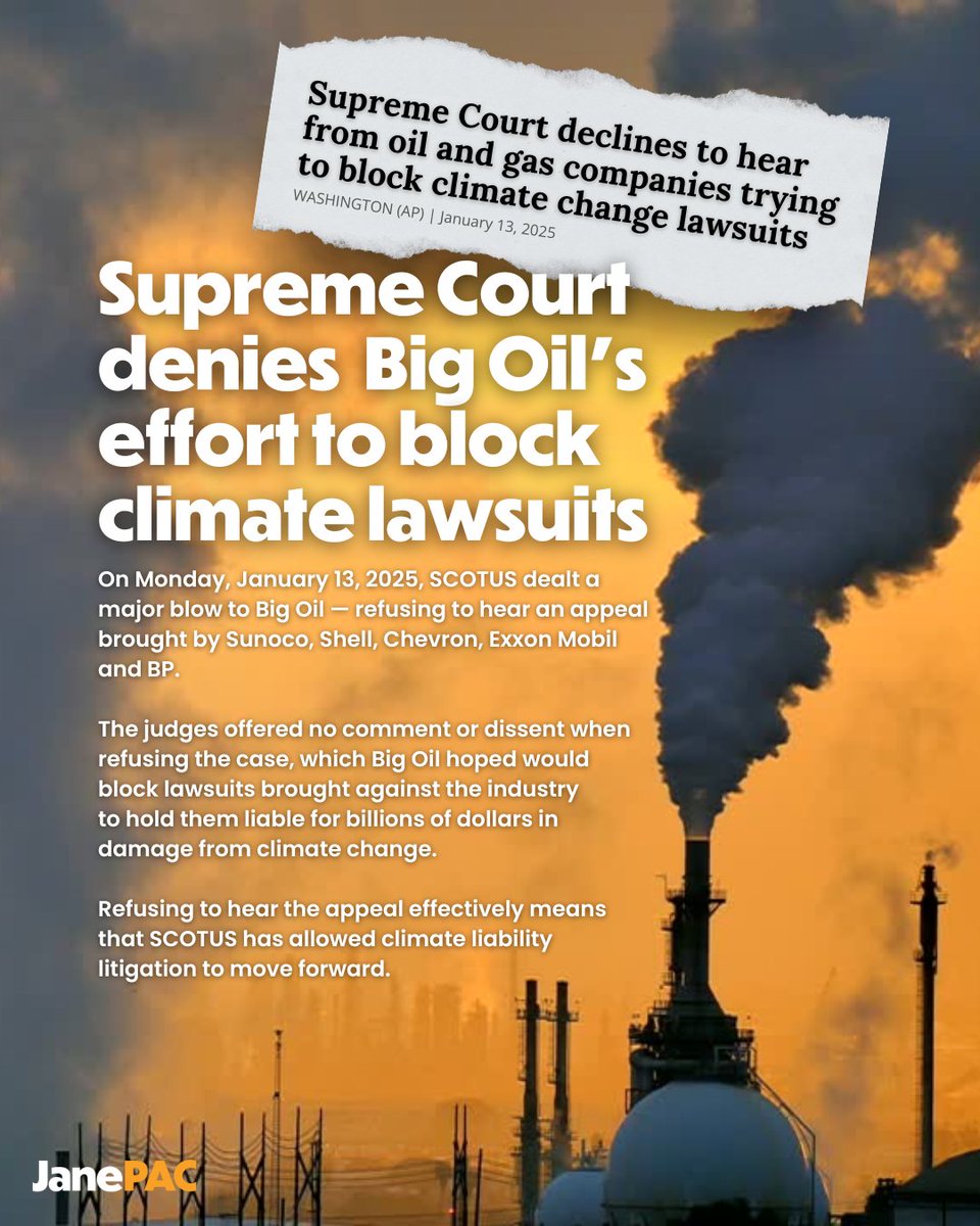janeclimatepac's tweet image. 𝘽𝙍𝙀𝘼𝙆𝙄𝙉𝙂 🚨🚨 On Monday, January 13, SCOTUS dealt a major blow to #BigOil — refusing to hear an appeal brought by Sunoco, Shell, Chevron, Exxon and BP.  This effectively means that #SCOTUS has allowed climate liability litigation to move forward.