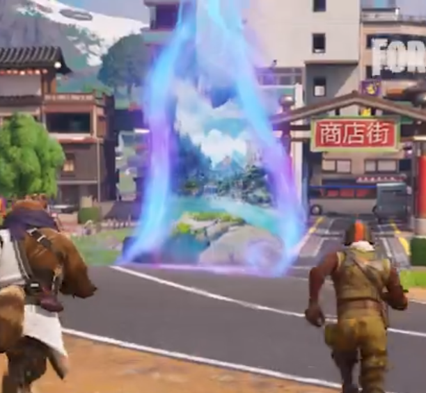 HYPEX's tweet photo. GODZILLA MYTHIC MOST LIKELY COMING TOMORROW 🔥

• Fortnite Teaser: "Gear up to slay a titan, or become one!"
• In the trailer 4 players run into a portal, then 3 run away and one of them apprently turns into Godzilla

[Spotted by @W1qAnimations]