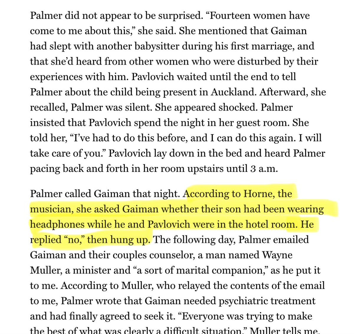 MikeBeauvais's tweet image. One detail caught my attention in the horrific Neil Gaiman story:

After Amanda Palmer was told by their nanny that Gaiman raped her with their child in the room, she asked him if the boy was wearing headphones.

It seems it wasn’t the first time she’d heard something like this.