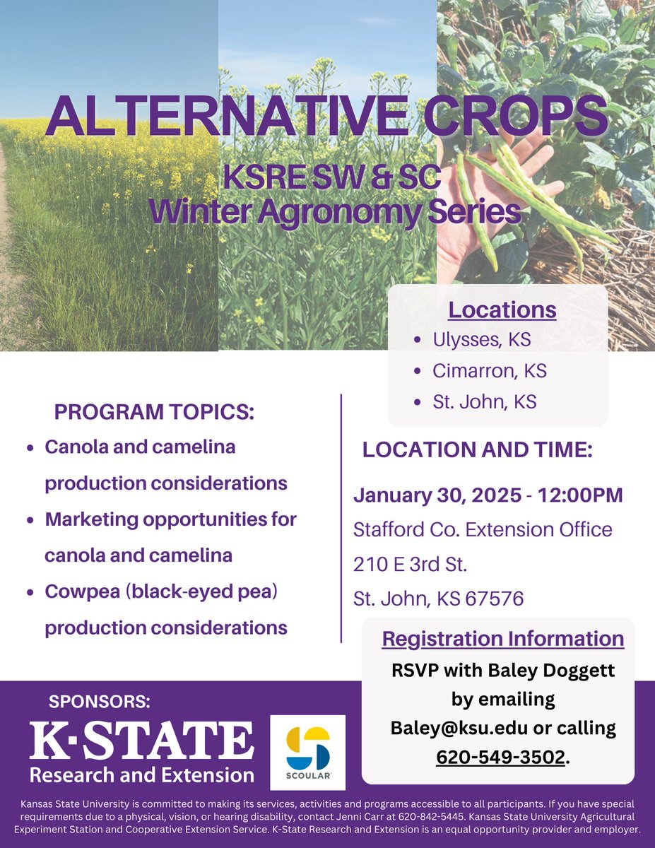 Southwest Kansas Alternative Crop Meetings coming up at the end of the month in Ulysses, Cimarron, and St. John, KS! #Canola #Camelina #Cowpea