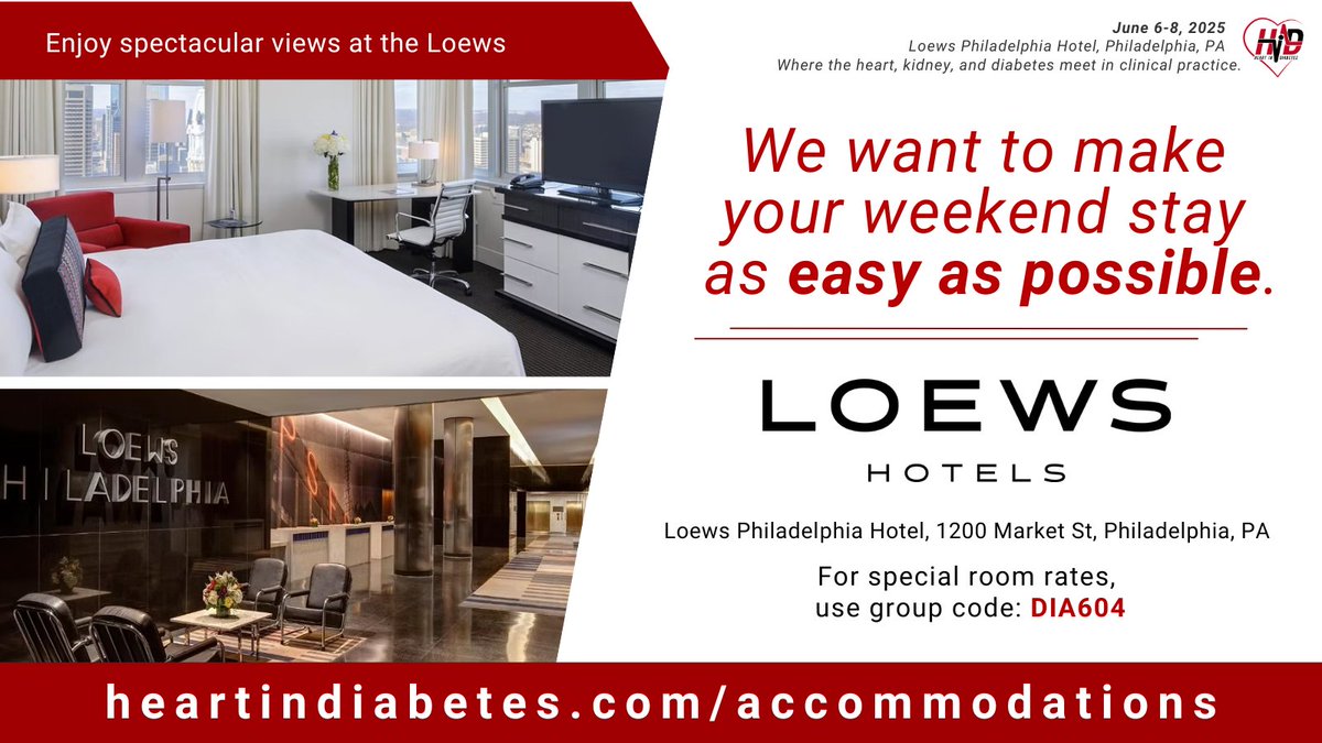 Experience the 9th Annual Heart in Diabetes conference in comfort and luxury. Book your room at the Loews Philadelphia using group code DIA604 for exclusive rates.

Reserve your room at heartindiabetes.com/accommodations for an unforgettable stay!

#HID25 #MedEd #CME #9HID