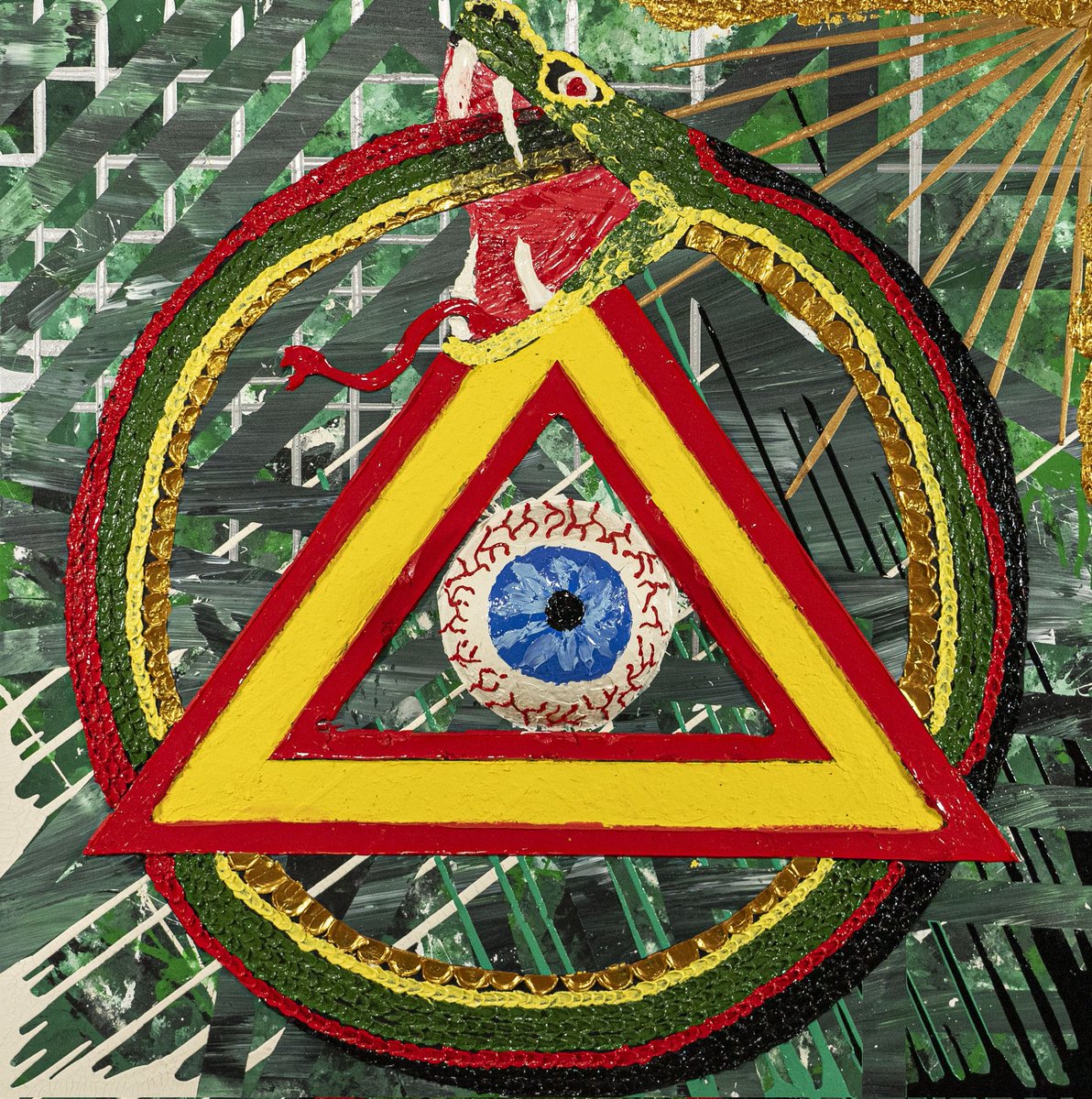 Check out my trippy triangle uroboros eyes ball painting. I wish you could see it up close. The textures are dope.