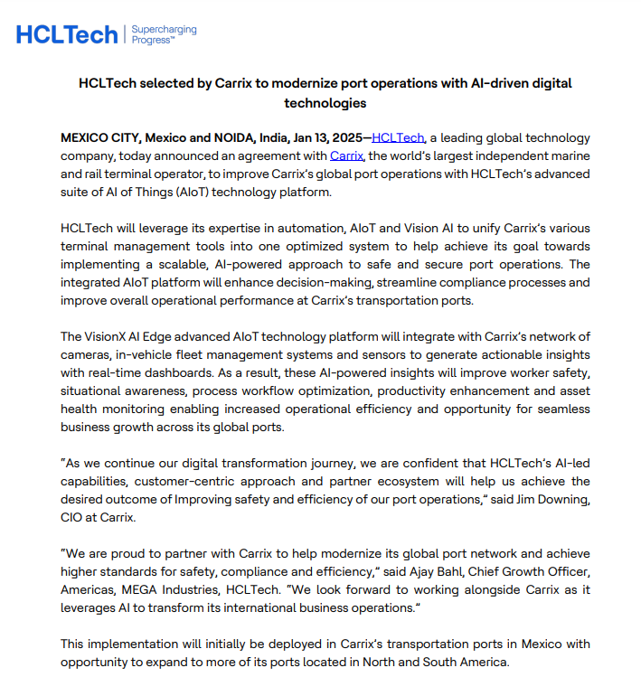vluxeinvests's tweet photo. 🚢#HCLTech joins hands with #Carrix to modernize global port operations using AI-powered digital technologies
Key Highlights:
👉🏻 Integration of AIoT & Vision AI for safer, scalable, and secure port operations.
👉🏻 AI-driven insights for worker safety, compliance, and operational efficiency.
🌍 Initial deployment in #Mexico, with plans for expansion across North & South America!
#AI #DigitalTransformation #PortTech #HCLTech