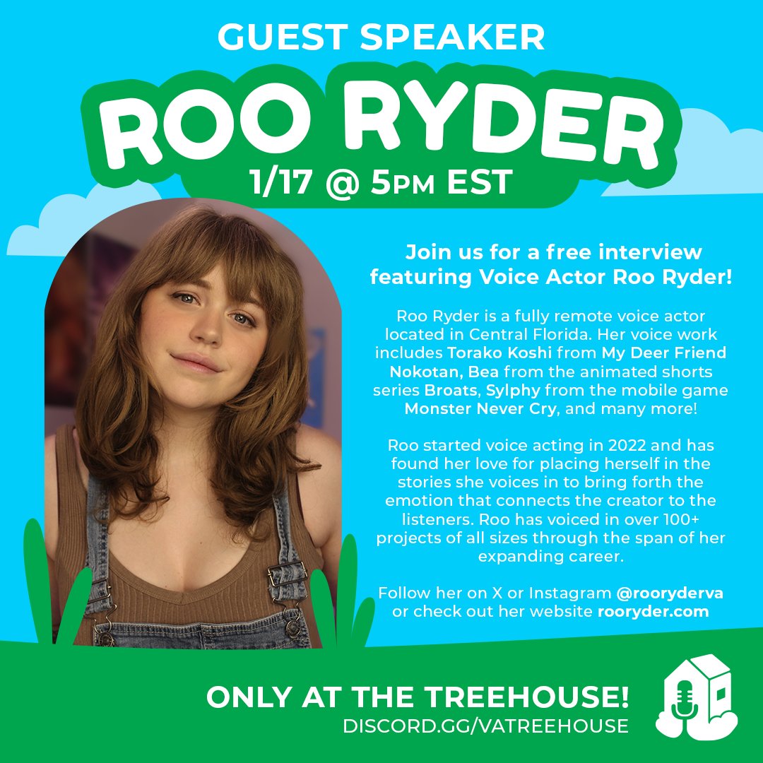 Hey Voice Actors!! 💙

Join us in the Treehouse for a free-to-join interview featuring guest speaker <a href="/RooRyderVA/">Roo Ryder</a> on Jan 17th at 5pm EST🎉✨

discord.gg/va-treehouse

#voiceactor #voiceover #va #vo #interview #rooryder #koshitan #mydeerfriendnokotan #rapunzaroo #vatreehouse