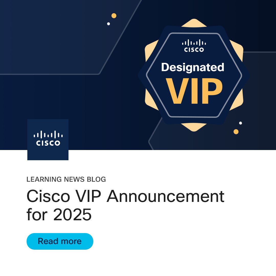 📣 We’re thrilled to announce the #CiscoVIP members for 2025! View the roster and meet the 5 exceptional individuals inducted this year. 

Read announcement: cs.co/9001aJKe5