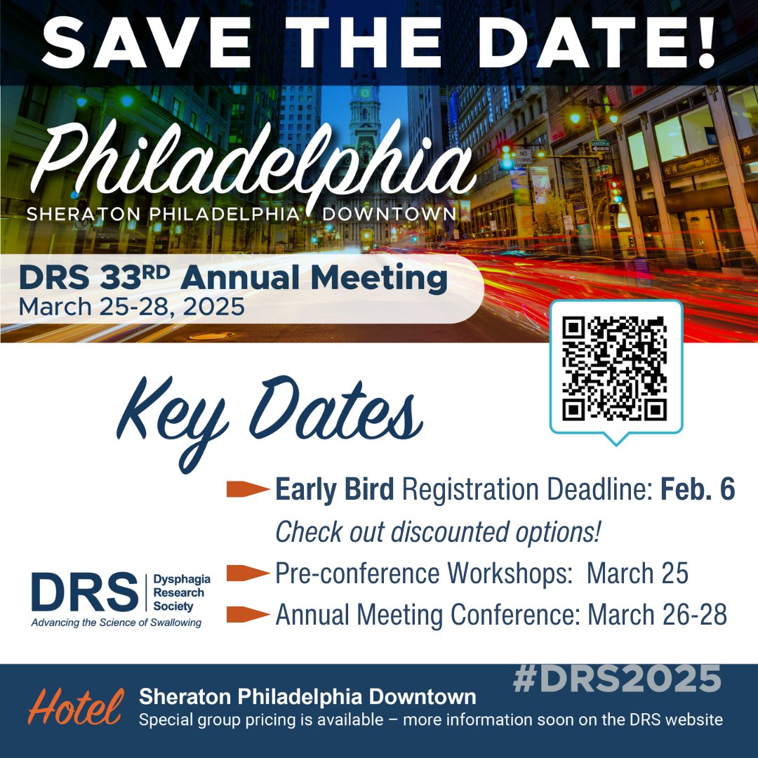 The Dysphagia Research Society (DRS) Annual meeting is in Philadelphia this March 26-28 with Pre-conference March 25th!  AB-SSD is a proud supporter and partner of #DRS &amp; #DRS2025!  Don't miss the EARLY BIRD DEADLINE of Feb 6th for $60 off.
Registration: dysphagiaresearch.org/page/2025-Annu…