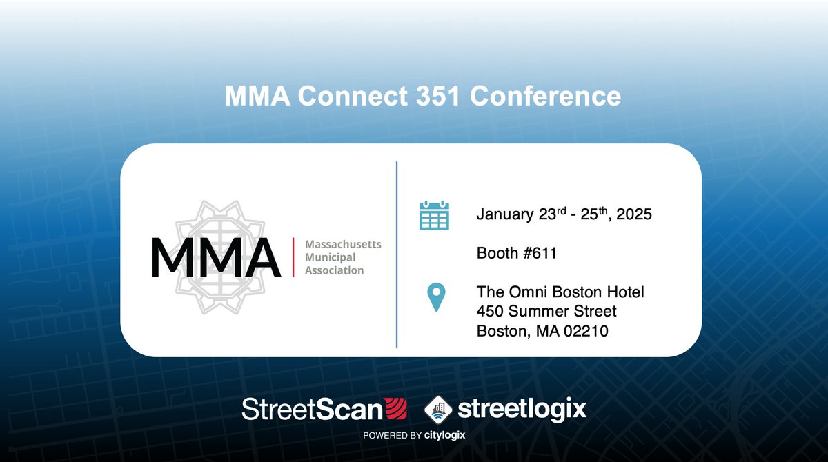 StreetScanInc's tweet photo. Boston! We are exhibiting our cutting-edge technology at the MMA Connect 351 Conference in January 23rd - 25th. Join us to explore how we’re revolutionizing municipal asset management with advanced tools like LiDAR, Digital Twins, and AI! #Assetmanagement https://t.co/tAZ0gQHS5O
