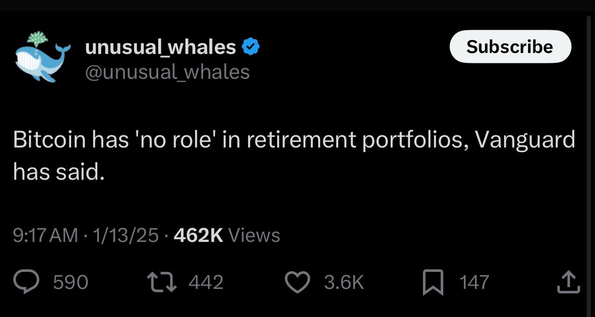 JoeCarlasare's tweet image. People said Vanguard would bend the knee in months.

One year after the spot ETFs launched and a hundred billion dollar of inflows later, no knees have yet been bent.

The beatings will continue