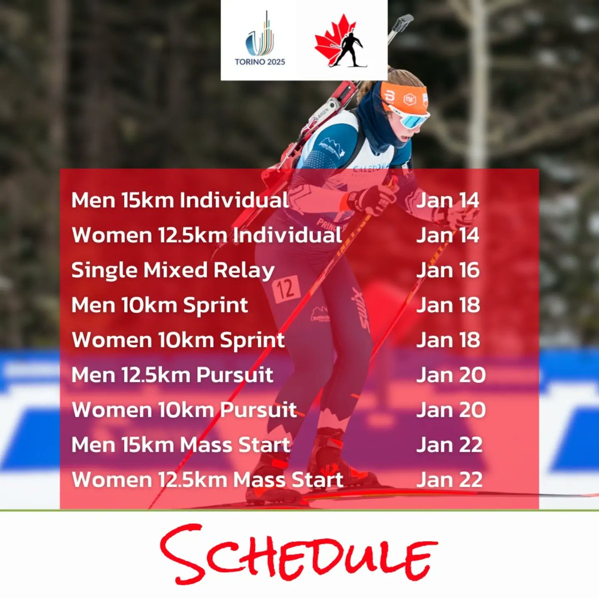 Our FISU Games team and schedule of events 🇮🇹. There's a solid group of athletes representing Canada and we'll be cheering hard the next two weeks!

Notre équipe des Jeux de la FISU et l'horaire des épreuves 🇮🇹. Un solide groupe d'athlètes représente le Canada!