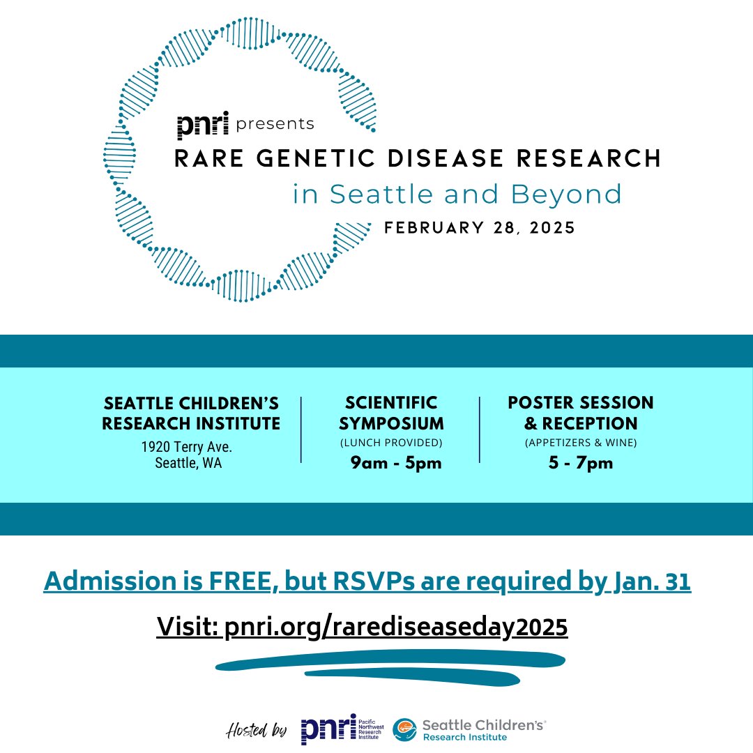 Pacific Northwest Research Institute (@pnrigenetics) on Twitter photo You’re invited! Join us on Feb 28, 2025, for a Rare Disease Day scientific symposium hosted by PNRI, @SeattleChildren's and <a href="/UW/">University of Washington</a>. Talks, posters, networking, and a reception—celebrating Seattle’s #RareDisease community. FREE! RSVP required by 1/31 at: pnri.org/rarediseaseday… You’re invited! Join us on Feb 28, 2025, for a Rare Disease Day scientific symposium hosted by PNRI, @SeattleChildren's and <a href="/UW/">University of Washington</a>. Talks, posters, networking, and a reception—celebrating Seattle’s #RareDisease community. FREE! RSVP required by 1/31 at: pnri.org/rarediseaseday…