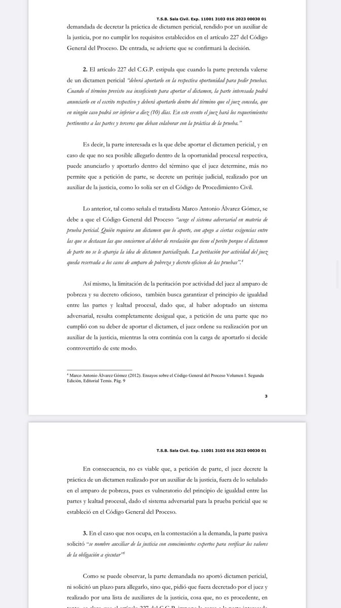 jairoparrac's tweet photo. ¿En el proceso civil (CGP) puede pedir una parte al juez que nombre a un perito (dictamen judicial)? TSB: La parte interesada es la que debe aportar el dictamen pericial, y en caso de que no sea posible allegarlo dentro de la oportunidad procesal respectiva, puede anunciarlo y aportarlo dentro del término que el juez determine, más no permite que a petición de parte, se decrete un peritaje judicial, realizado por un auxiliar de la justicia, como lo solía ser en el Código de Procedimiento Civil.

No es viable que, a petición de parte, el juez decrete la práctica de un dictamen realizado por un auxiliar de la justicia, fuera de lo señalado en el amparo de pobreza, pues es vulneratorio del principio de igualdad entre las partes y lealtad procesal, dado el sistema adversarial para la prueba pericial que se estableció en el Código General del Proceso —⬇️⬇️—