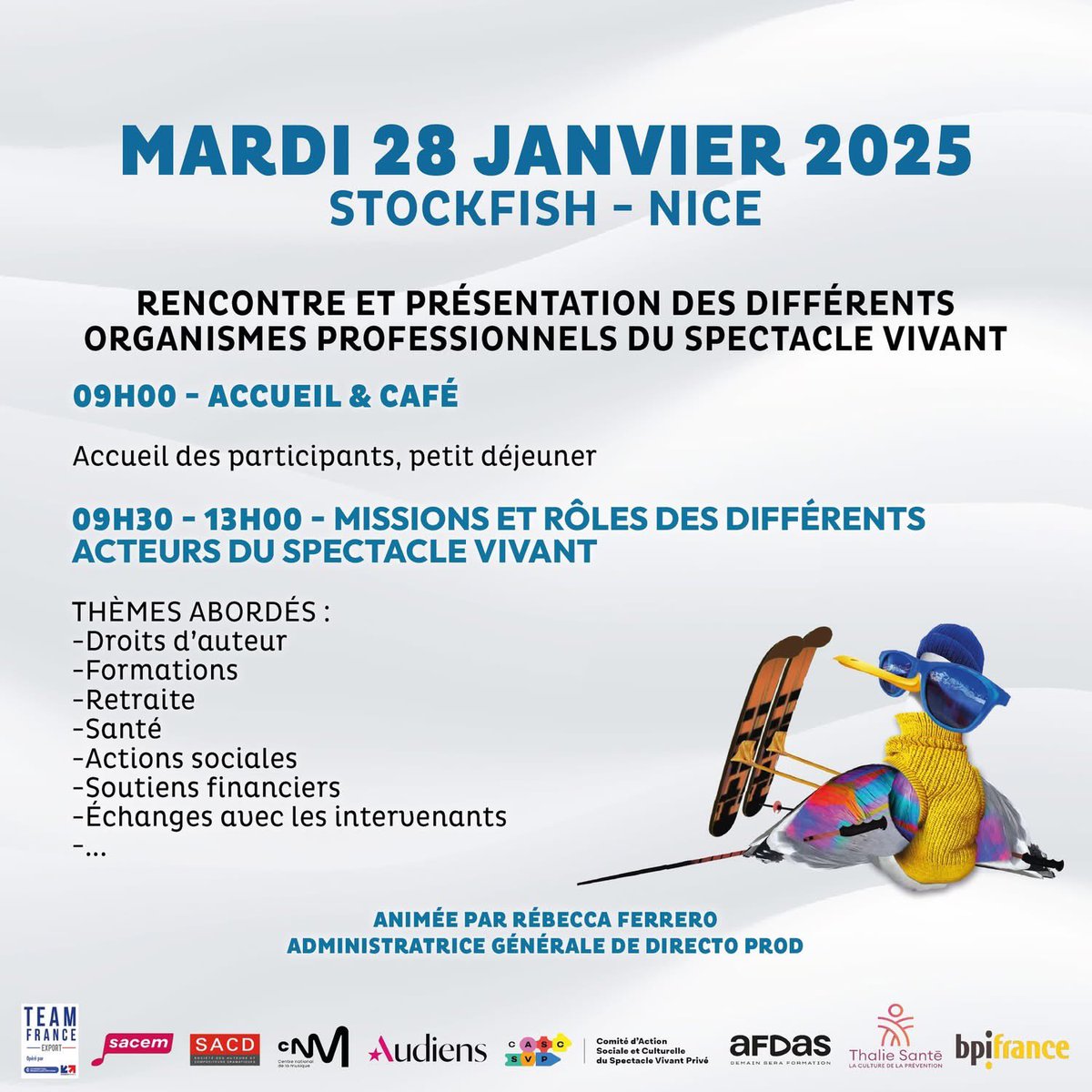 Conférences et master class Les Plages du Rire hiver ❄️
Le festival s’installera au Mama Shelter et au Stockfish pour vous proposer divers ateliers et moments d’échanges :