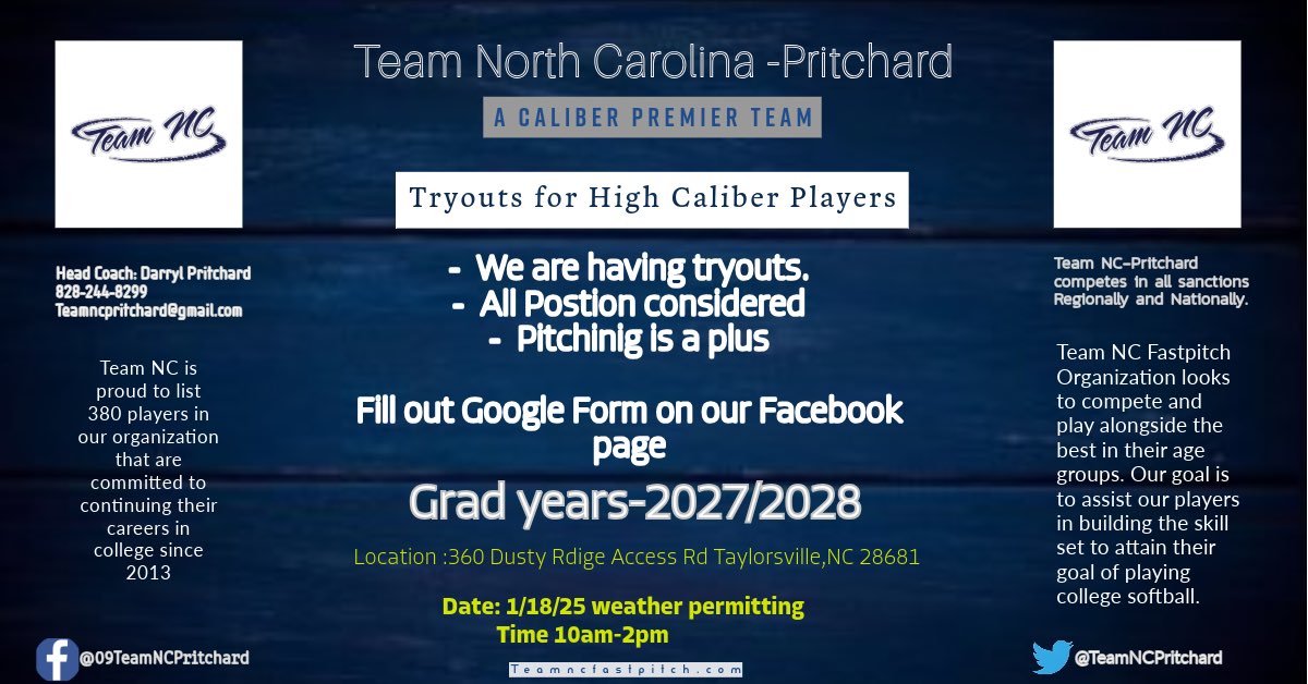 TeamNCPritchard's tweet image. TRYOUTS!!! 
Are back on for this weekend weather permitting. Contact Head Coach Darryl Pritchard if you are planning to attend.

Contact info on post below

#alwaysmovingforward 
#BepartofTheTeam