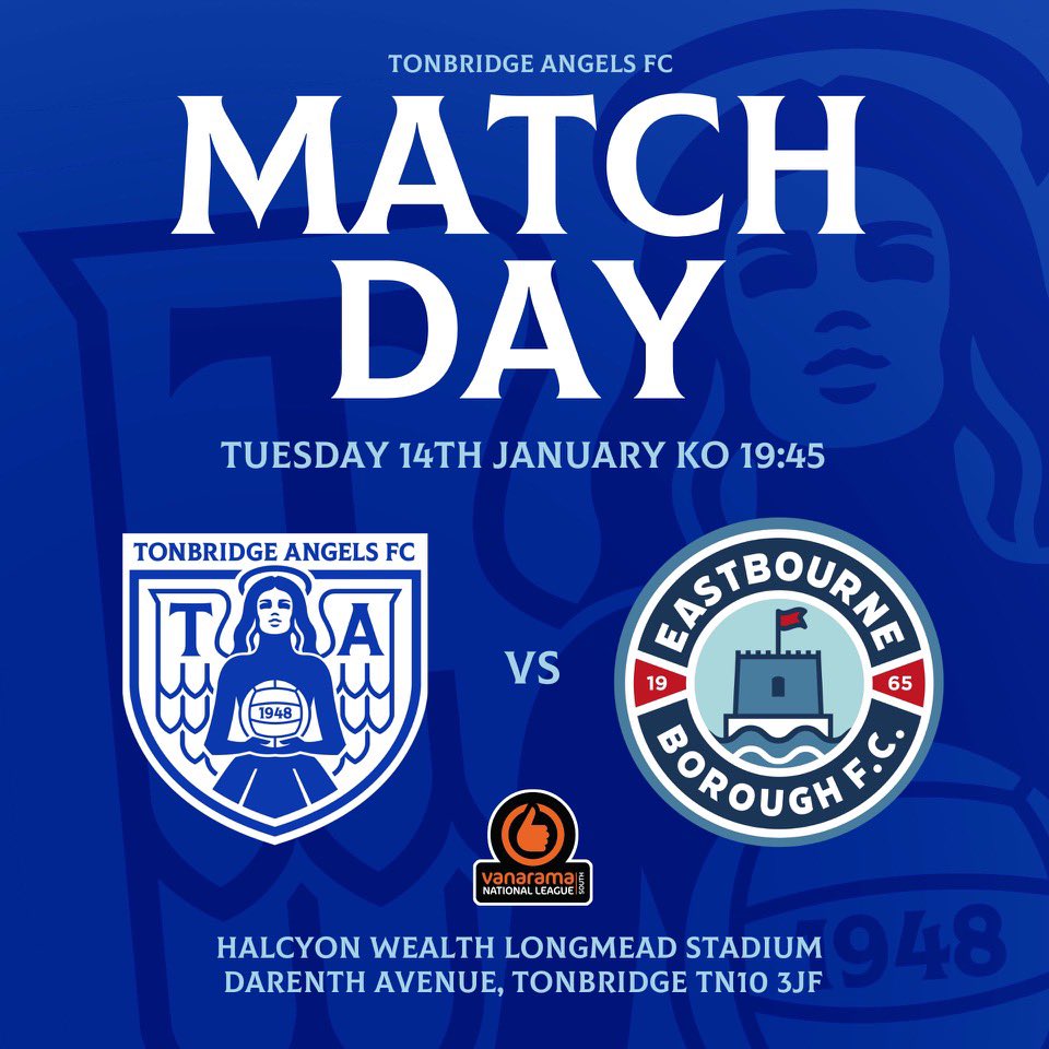 ⚽️ | 𝗠𝗔𝗧𝗖𝗛 𝗗𝗔𝗬 𝗔𝗧 𝗟𝗢𝗡𝗚𝗠𝗘𝗔𝗗

😇🆚 𝗘𝗔𝗦𝗧𝗕𝗢𝗨𝗥𝗡𝗘 𝗕𝗢𝗥𝗢𝗨𝗚𝗛 <a href="/ebfc_official/">Eastbourne Borough FC</a> 
🗓️ Tues 14 Jan
⏰ 19.45
📍 Darenth Ave TN10 3JF
🏆 <a href="/TheVanaramaNL/">Rocco 🇲🇸</a> South
🎟️ Adults £17 Cons £14 Youths £7 U12 Free with accompanying adult
🎟️ tonbridgeangels.co.uk/buy-tickets

#️⃣ #COYA