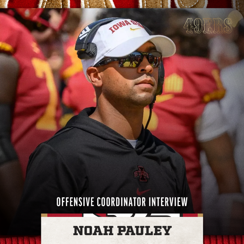 49ers's tweet photo. The 49ers have completed an interview with Noah Pauley for the team’s Offensive Coordinator position.