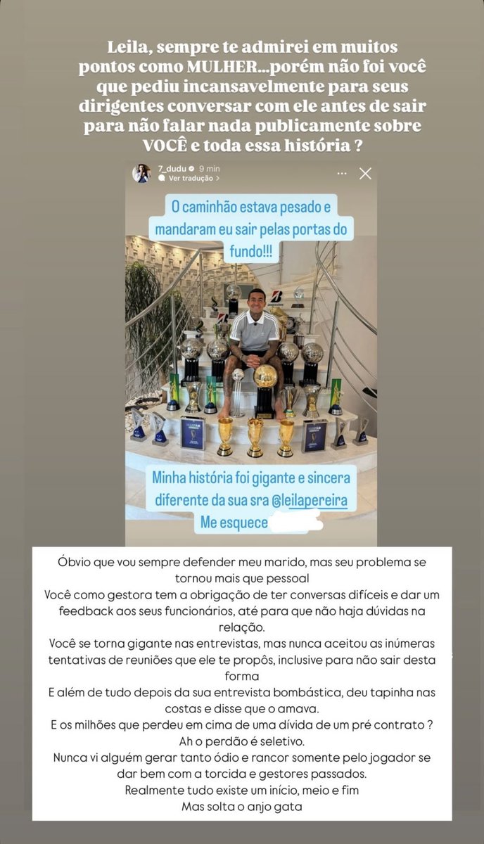 A esposa do Dudu, Paula Campos, também postou uma mensagem direcionada à  Leila Pereira, presidente do Palmeiras. No Instagram, Paula afirmou que  Leila disse que amava Dudu e deu “tapa nas costas”,, image size:688x1200