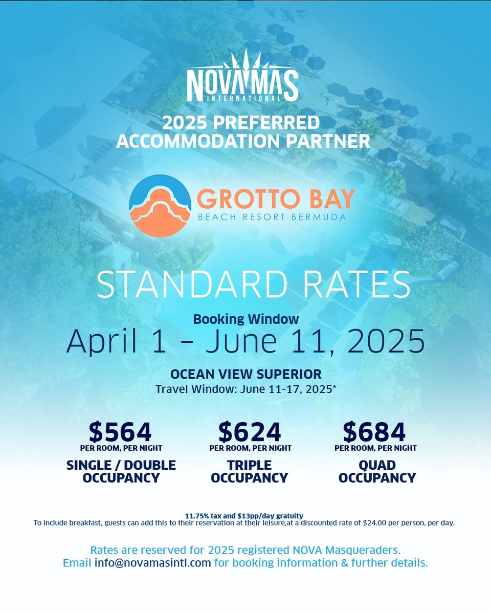 NovaMasIntl's tweet photo. Your @CarnivalinBermuda experience begins with the perfect stay.

✨ Whether local or abroad, enjoy unmatched comfort &amp; affordability with @grottobaybeachresorts &amp; @crownpointbda. Book now for early bird deals and kick off your SZN8 journey in style! 

#CarnivalInBermuda #SZN8 https://t.co/uHMQoRLvTI
