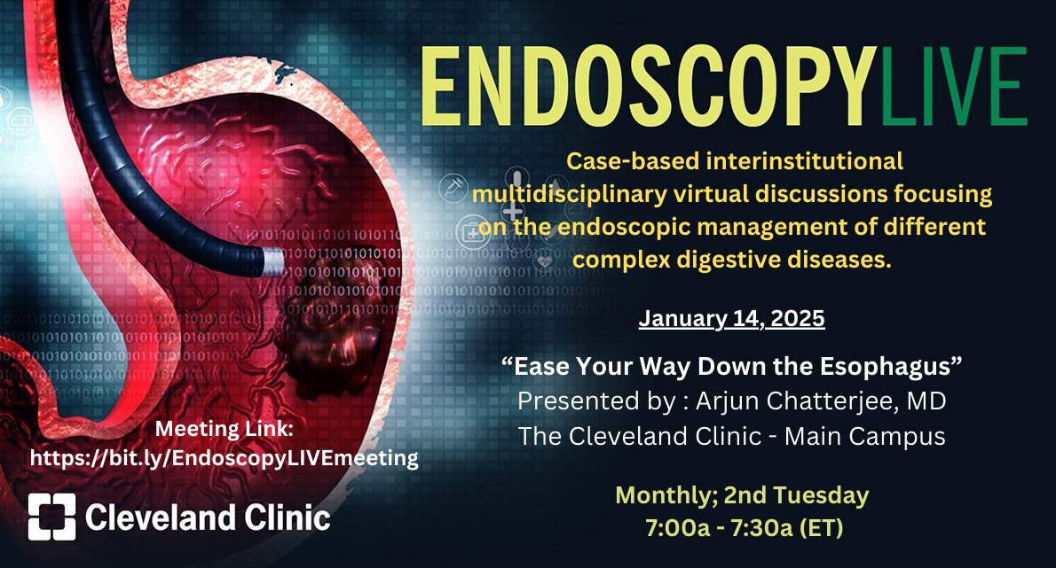 Arjun Chatterjee (@chatterjee_md) on Twitter photo Join <a href="/RobertoSimonsMD/">Roberto Simons-Linares, MD</a> and me as we discuss a complex case of Esophageal perforation tomorrow Jan 14th 7-7.30AM EST #EndoscopyLive <a href="/ClevelandClinic/">Cleveland Clinic</a> 🔥
Sign up 🔗 bit.ly/EndoscopyRegi
Meeting 🔗 bit.ly/EndoscopyLIVEm…
<a href="/MichelleKimMD/">Michelle Kim</a> <a href="/MRegueiroMD/">Miguel Regueiro</a> <a href="/JPAchkarMD/">Jean-Paul Achkar</a> <a href="/Ari_G_MD/">Ari Garber MD, EdD</a> Join <a href="/RobertoSimonsMD/">Roberto Simons-Linares, MD</a> and me as we discuss a complex case of Esophageal perforation tomorrow Jan 14th 7-7.30AM EST #EndoscopyLive <a href="/ClevelandClinic/">Cleveland Clinic</a> 🔥
Sign up 🔗 bit.ly/EndoscopyRegi
Meeting 🔗 bit.ly/EndoscopyLIVEm…
<a href="/MichelleKimMD/">Michelle Kim</a> <a href="/MRegueiroMD/">Miguel Regueiro</a> <a href="/JPAchkarMD/">Jean-Paul Achkar</a> <a href="/Ari_G_MD/">Ari Garber MD, EdD</a>