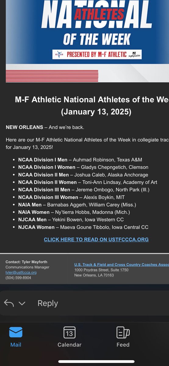 Congratulations to KF Track and Field Alums Auhmad Robinson and Jereme Bogo for being named National Athletes of the Week.
