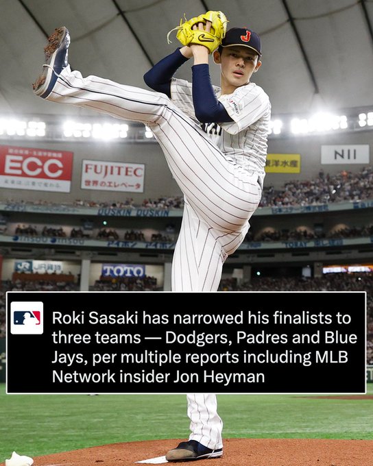 "Roki Sasaki has narrowed his finalists to three teams — Dodgers, Padres, and Blue Jays, per multiple reports including MLB Network insider Jon Heyman"
Pictured: Roki Sasaki prepares to deliver a pitch in a home white Team Japan uniform with black and gold lettering.