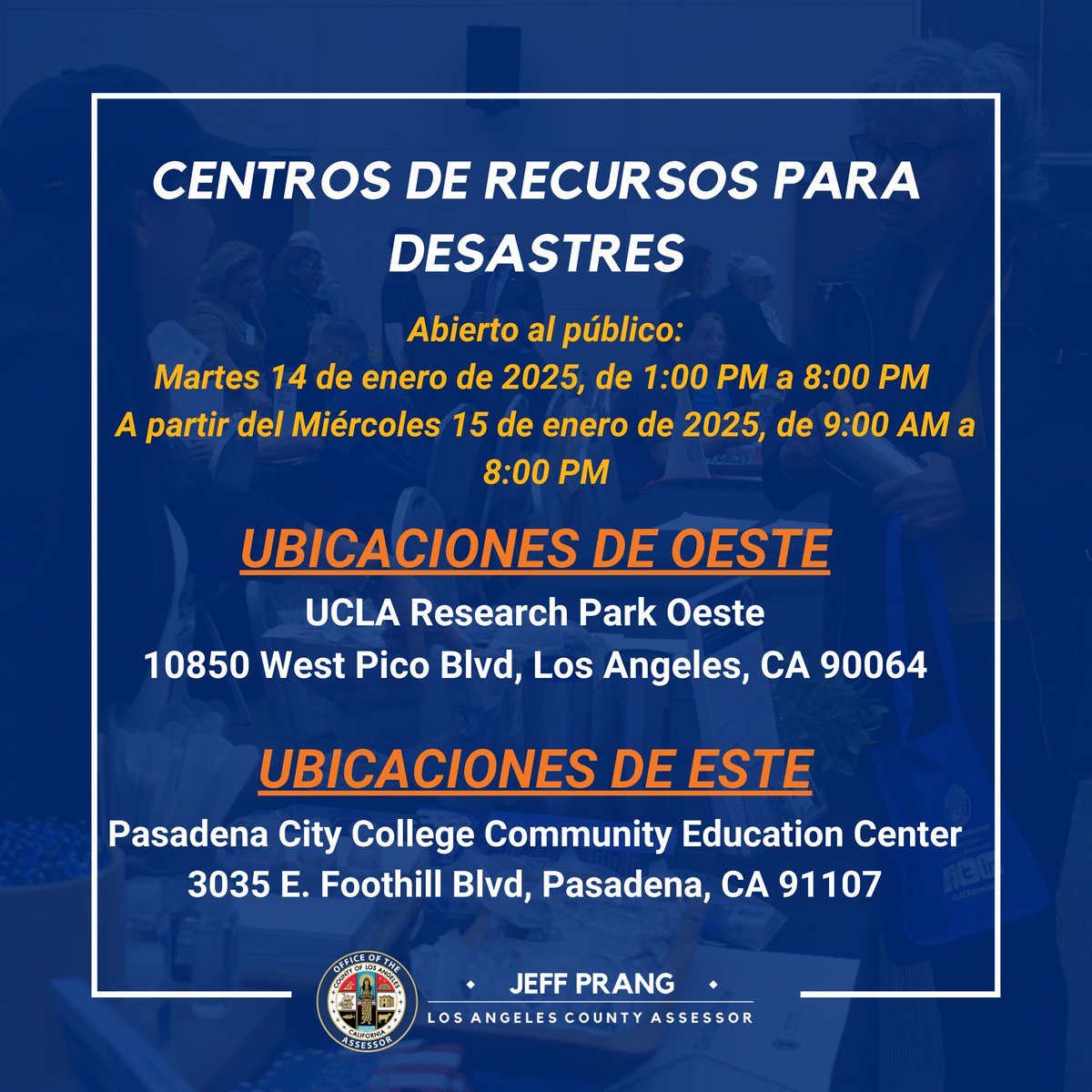 LACAssessor's tweet image. IN-PERSON LOCAL ASSISTANCE &amp;amp; DISASTER RESOURCE CENTERS

Westside: UCLA Research Park, 10850 West Pico Blvd., 90064
Eastside: Pasadena City College, 3035 E. Foothill Blvd., 91107

Hours:
Opening Day: Tuesday, January 14, 1 PM - 8 PM,
Starting January 15: Daily, 9 AM - 8 PM