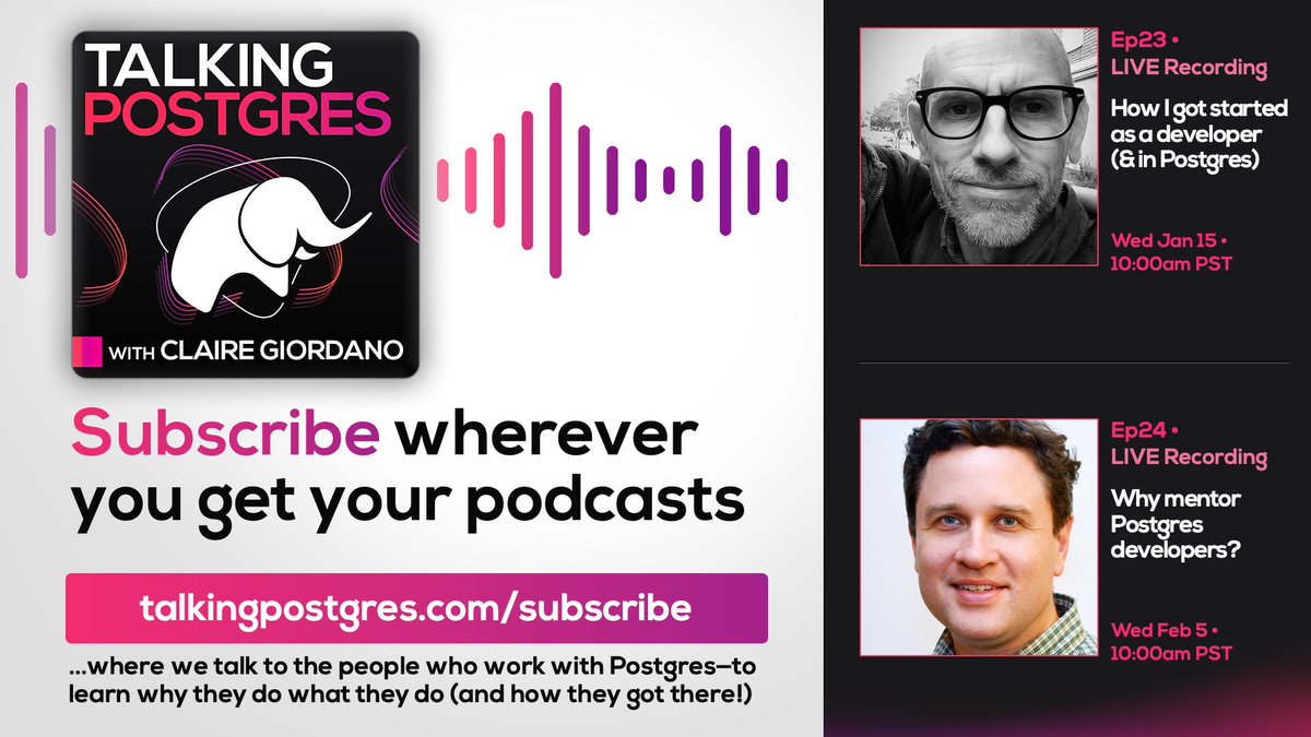 If you're a #PostgreSQL developer, community member, or curious user—you'll likely enjoy the #TalkingPostgres #podcast where we talk to people who work with Postgres—to learn why they do what they do &amp; how they got there. Subscribe today so you'll never miss an episode!