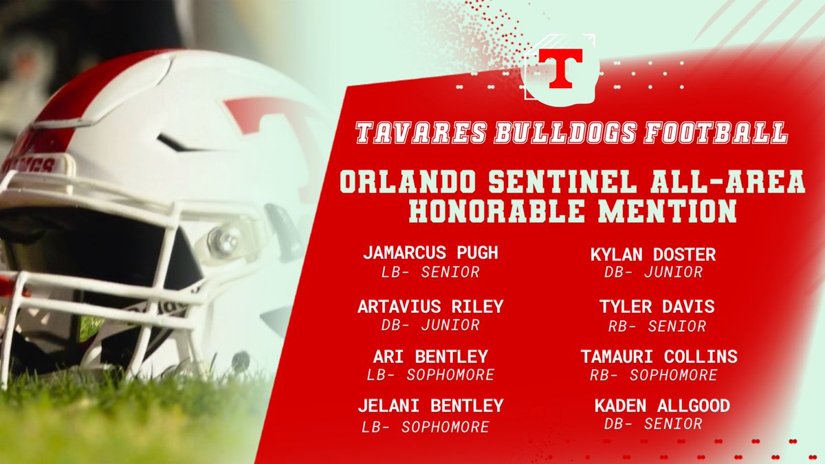 Coach Trey Grant (@coachgrant_ths) on Twitter photo Congrats to our 8 <a href="/FootballTavares/">Tavares Football</a> athletes who were named Orlando Sentinel All-Area Team Honorable Mentions! 🔴⚪️ #TavaresMade
<a href="/JamarcusPugh/">Jamarcus Pugh</a> <a href="/ArtaviusR2026/">Artavius Riley Jr</a> <a href="/NotAriBentley/">Ari Bentley</a> <a href="/JelaniBentley/">Jelani Bentley</a> <a href="/KylanDoster/">Kylan doster</a> <a href="/TylerD_athlete/">Tyler Davis</a> <a href="/CollinsTamauri4/">Tamauri (tman) Collins</a>
<a href="/OS_ChrisHays/">Chris Hays</a> <a href="/osvarsity/">Sentinel Varsity</a> Congrats to our 8 <a href="/FootballTavares/">Tavares Football</a> athletes who were named Orlando Sentinel All-Area Team Honorable Mentions! 🔴⚪️ #TavaresMade
<a href="/JamarcusPugh/">Jamarcus Pugh</a> <a href="/ArtaviusR2026/">Artavius Riley Jr</a> <a href="/NotAriBentley/">Ari Bentley</a> <a href="/JelaniBentley/">Jelani Bentley</a> <a href="/KylanDoster/">Kylan doster</a> <a href="/TylerD_athlete/">Tyler Davis</a> <a href="/CollinsTamauri4/">Tamauri (tman) Collins</a>
<a href="/OS_ChrisHays/">Chris Hays</a> <a href="/osvarsity/">Sentinel Varsity</a>