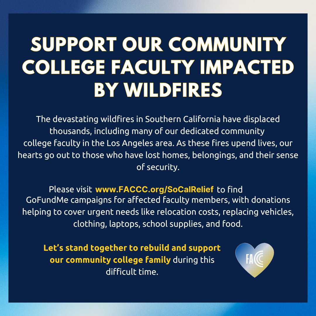 FACCC's tweet image. Thousands of community college faculty in Southern California have been displaced by devastating wildfires. Let’s come together to support our own during this challenging time. Every contribution helps. 💙
Visit FACCC.org/SoCalRelief
#WildFireRelief #CommunitySupport…