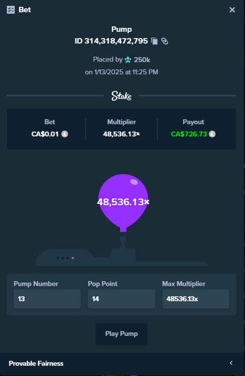 Stake Monthly paying well, 48,000x on Pump within first 500 bets 🤯