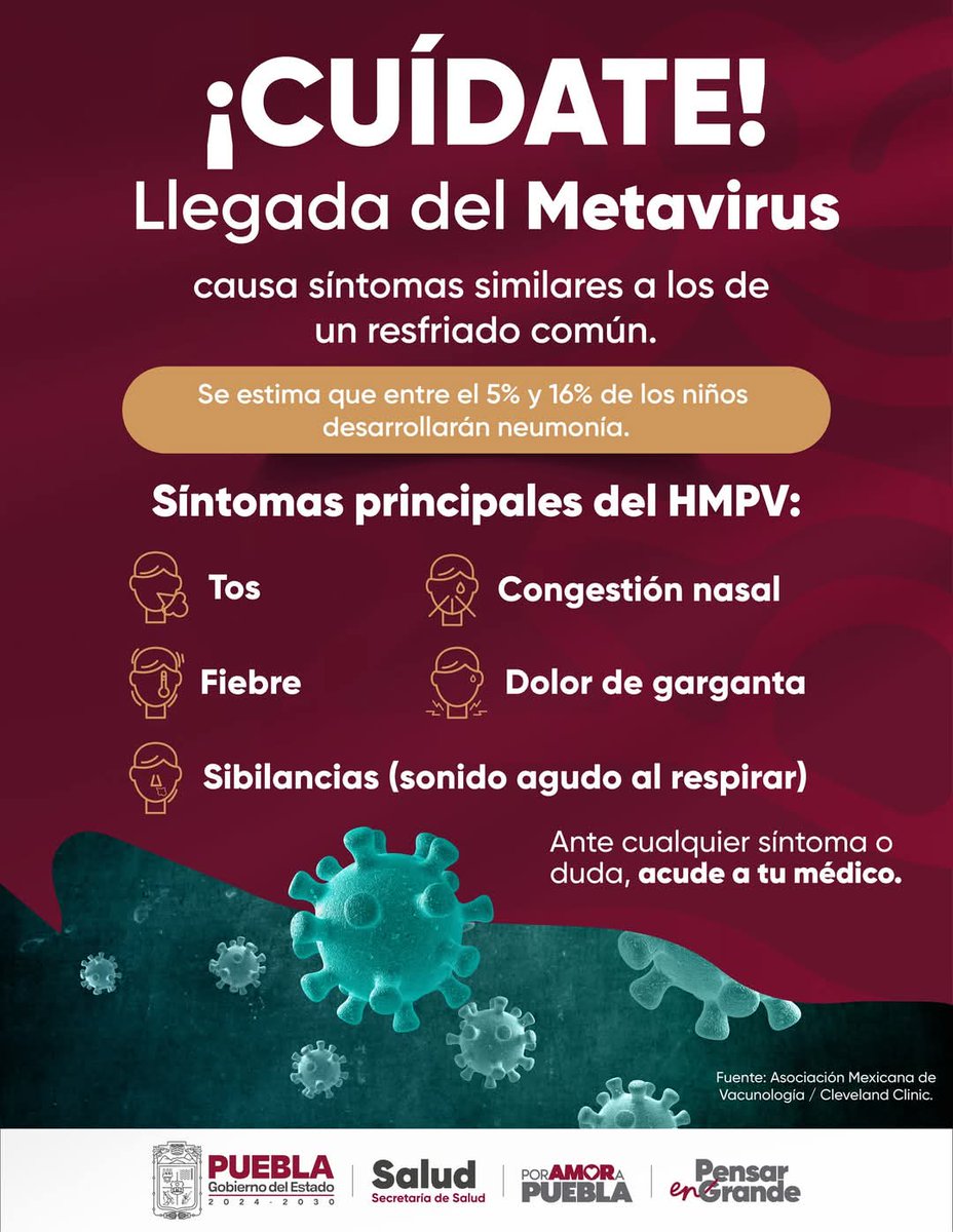 Foro21's tweet photo. El @Gob_Puebla emite comunicado con información sobre el "Metavirus". Invita a usar cubrebocas, ventilar espacios cerrados y desinfectar superficies para prevenir contagios. Este microorganismo puede causar fiebre, tos y dolor de garganta. #Salud #Prevención #Metavirus https://t.co/1NU6cs1HVb