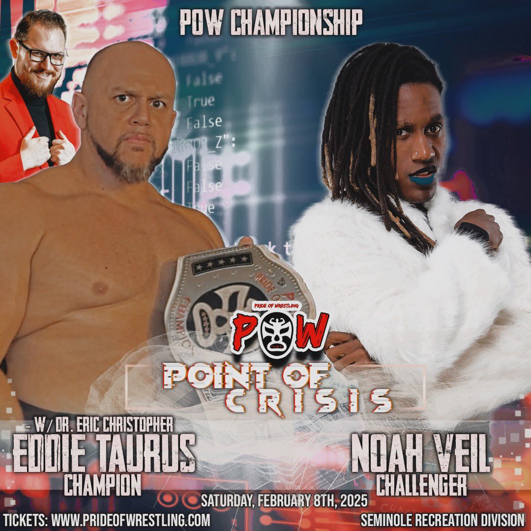 Pride of Wrestling (@powrestlingllc) on Twitter photo 🚨🚨🚨POW Championship <a href="/Eddietaurus/">The Authority: Eddie Taurus</a> w/<a href="/TheDrEric/">Dr. Eric Christopher</a> defends against <a href="/NoahXVeil/">❌️💀Swamp Bitch Nochii💀❌️</a>🚨🚨🚨
🚨POW presents POW37 Point of Crisis Saturday February 8th 6:00pm at the Seminole Recreation Center in Seminole FL🚨
🎟️Tickets: prideofwrestling.com 🚨🚨🚨POW Championship <a href="/Eddietaurus/">The Authority: Eddie Taurus</a> w/<a href="/TheDrEric/">Dr. Eric Christopher</a> defends against <a href="/NoahXVeil/">❌️💀Swamp Bitch Nochii💀❌️</a>🚨🚨🚨
🚨POW presents POW37 Point of Crisis Saturday February 8th 6:00pm at the Seminole Recreation Center in Seminole FL🚨
🎟️Tickets: prideofwrestling.com