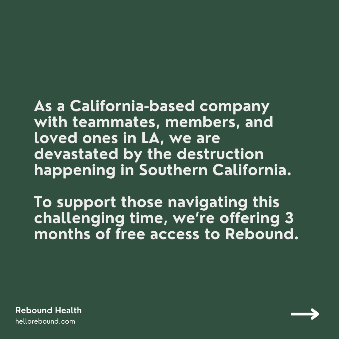 rebound__health's tweet photo. For anyone living in the areas affected by the fires in Southern California, we're offering 3 months of free trauma recovery support. You can redeem it in the Apple App Store using this link (code: “LOSANGELES”): https://t.co/UtyHaIg0Mh https://t.co/xSQAeGwkjQ