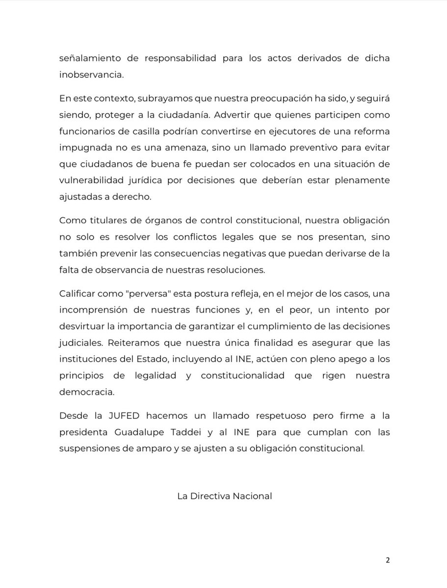 La #JUFED rechaza calificativos de la Presidenta del #INE y aclara que es éste, el que pone en condición de vulnerabilidad jurídica a los ciudadanos al no cumplir resoluciones de amparo que son obligatorias para cualquier autoridad, sin excepción.