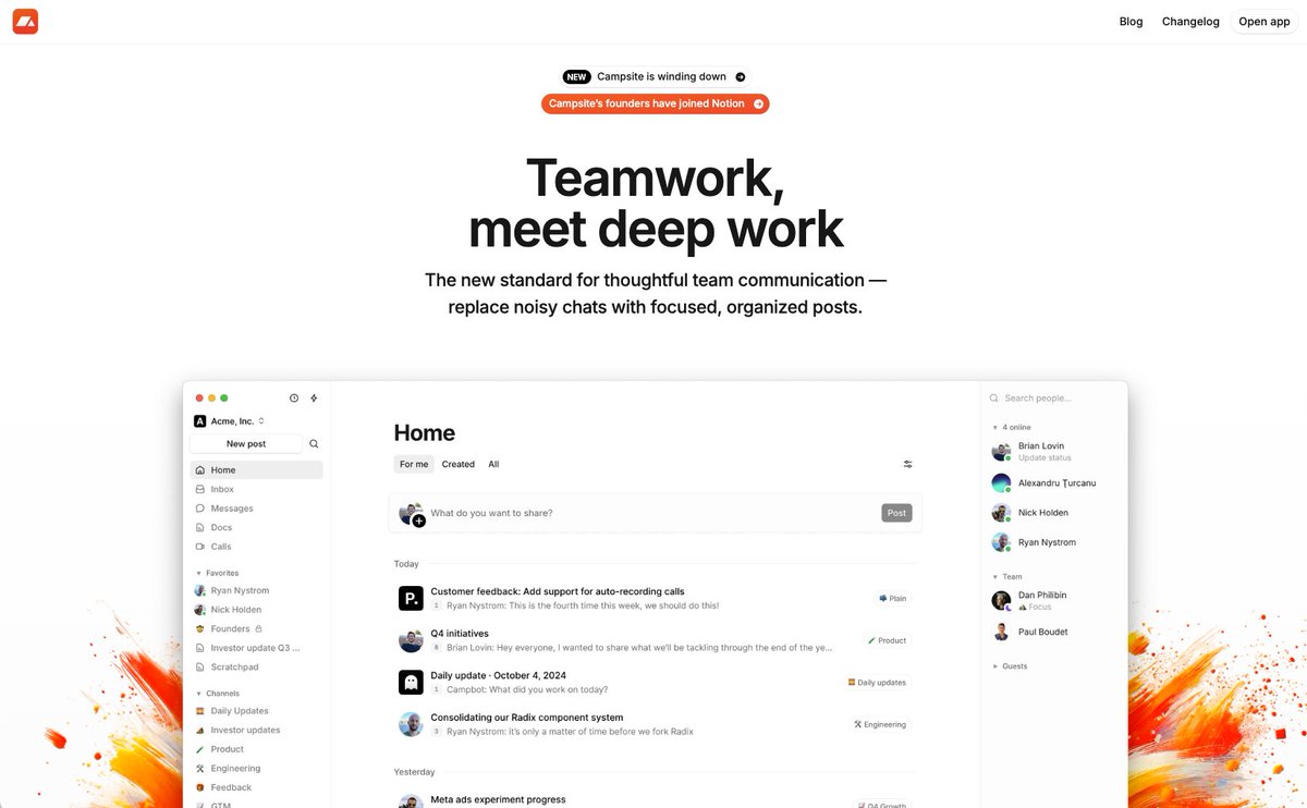 Campsite just open-sourced their codebase and it's a treasure trove of great engineering principles:

◆ <a href="/nextjs/">Next.js</a> – frontend
◆ S3 + <a href="/imgix/">Imgix</a> – storage + CDN
◆ <a href="/pusher/">Pusher</a> – notifications
◆ <a href="/100mslive/">100ms</a> – video chat
◆ @openai – AI
◆ <a href="/ToDesktop/">ToDesktop</a> – native Mac app
◆ <a href="/vercel/">Vercel</a> – deployment