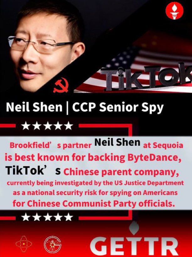 KkL57155119's tweet photo. Brookfield’s partner Neil Shen at Sequoia is best known for backing ByteDance, TikTok’s Chinese parent company, currently being investigated by the US Justice Department as a national security risk for spying on Americans for Chinese Communist Party officials.

#NeilShen #CCPSPY https://t.co/vn8f2BamTx