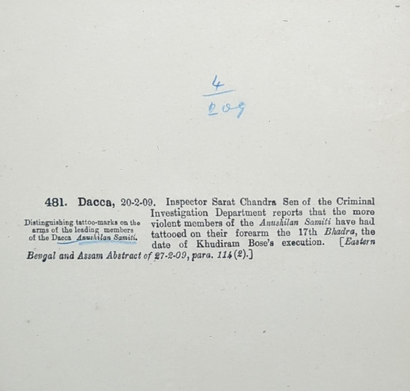 dekkani's tweet photo. Fascinating little detail in Calcutta Intelligence Branch Secret Abstract on legendary Bengal revolutionary Khudiram Bose's execution date tattooed on the arms of Anushilan Samiti members. The young martyr's image is widely found in the area.
#anticolonialism #semiotics #mnroy https://t.co/RQ3QkdsNRP