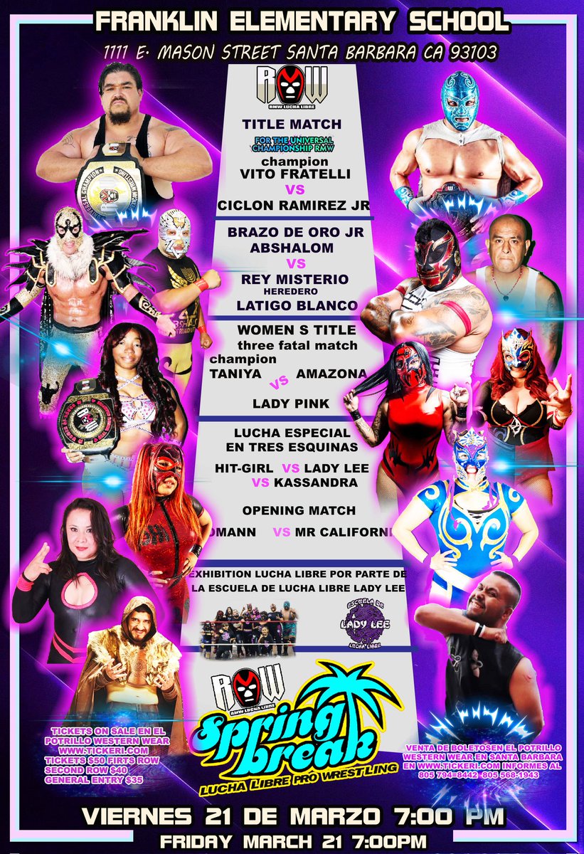 Santa Barbara CA are you ready for spring break lucha libre pro wrestling is back tickets 🎟️ now available on tickeri.com/events/v93bjwg… Franklin elementary School door open 7 pm Friday March 21. See you there #franklinelemtaryschool #santabarbaraca #highschoolsantabarbara