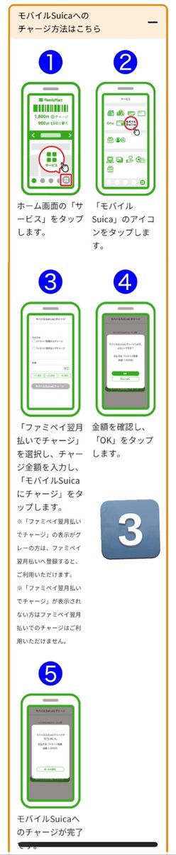 Shinpoi_OTOKU's tweet photo. チャージだけで……
500㌽増えるゲームきた…(:.;ﾟ;Д;ﾟ;.:)ﾊｧﾊｧ

モバイルSuicaへファミペイよりチャージすることが可能に！！期間に翌月払いで3000円チャージすれば500㌽もらえます！！

✅期間 1/15～2/14日

参加手順💁‍♀️
1️⃣まずはエントリー👇
https://t.co/uLxpl1dEYg
↓↓↓
2️⃣ファミペイアプリ➩右下サービス➩ファミペイ翌月払い登録
新規の方はこちらで2000㌽
(信用機関に情報載るため今後大きなローンなどある方はオススメしません)
※登録済みの人は必要なしで3️⃣へ
↓↓↓
3️⃣右下サービス➩モバイルSuica➩ファミペイ翌月払い➩手順に沿ってチャージ

～完～

✅㌽付与日 3/20日(有効期限5/31日まで)