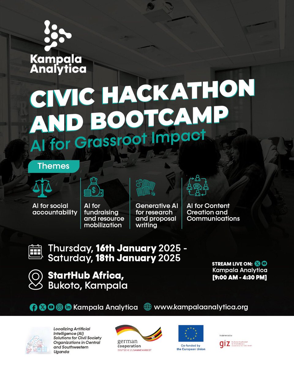 🚀 The Civic Hackathon &amp; Bootcamp under the theme ‘#AI for Grassroot Impact’ is here!

Innovators will tackle real-world challenges faced by CSOs, using #AI to create meaningful solutions! 💡 

🗓: Thursday 16th Jan - Saturday, 18th Jan 2025 

#AIforCSOs #CivicHackathon