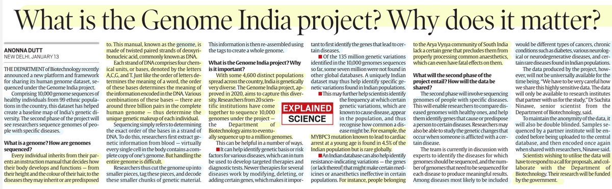 imRavikantYadav's tweet photo. 'What is the Genome India Project? Why does it matter?'
:Well explained by Ms Anonna Dutt
@AnonnaDutt
#Genomes -Sequencing it, #GenomeIndiaProject -its importance-benefits-applications,2nd phase, data sharing &
More info..
#genomestudy
#Genomics
#Research
#UPSC
Source:IE https://t.co/DLRg5bVjgo