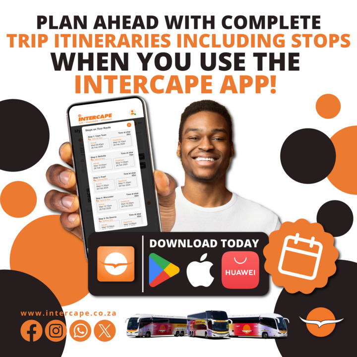 IntercapeBus's tweet image. Plan ahead with complete trip itineraries including refreshment stops when you use the Intercape app!

Download the Intercape App TODAY at intercape.co.za/intercape-app/

#Intercape #NewApp #IntercapeApp #DownloadToday #BookNow #BestPrices