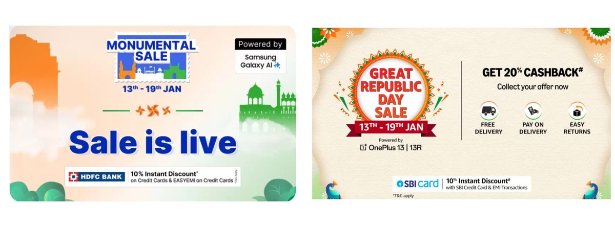 harinarayananpc's tweet image. Flipkart and Amazon Republic Day Sale Smartphone Recommendations

From under 10k to 1lakh, here are the smartphones you should check out.

Amazon - SBI bank &amp;amp; Flipkart - HDFC bank.
Get those cards ready to avail most discounts.

Thread🧵