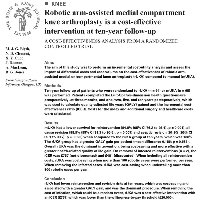 The Bone & Joint Journal. Abstract text for article titled 'Robotic arm-assisted medial compartment knee arthroplasty is a cost-effective intervention at ten-year follow-up'.