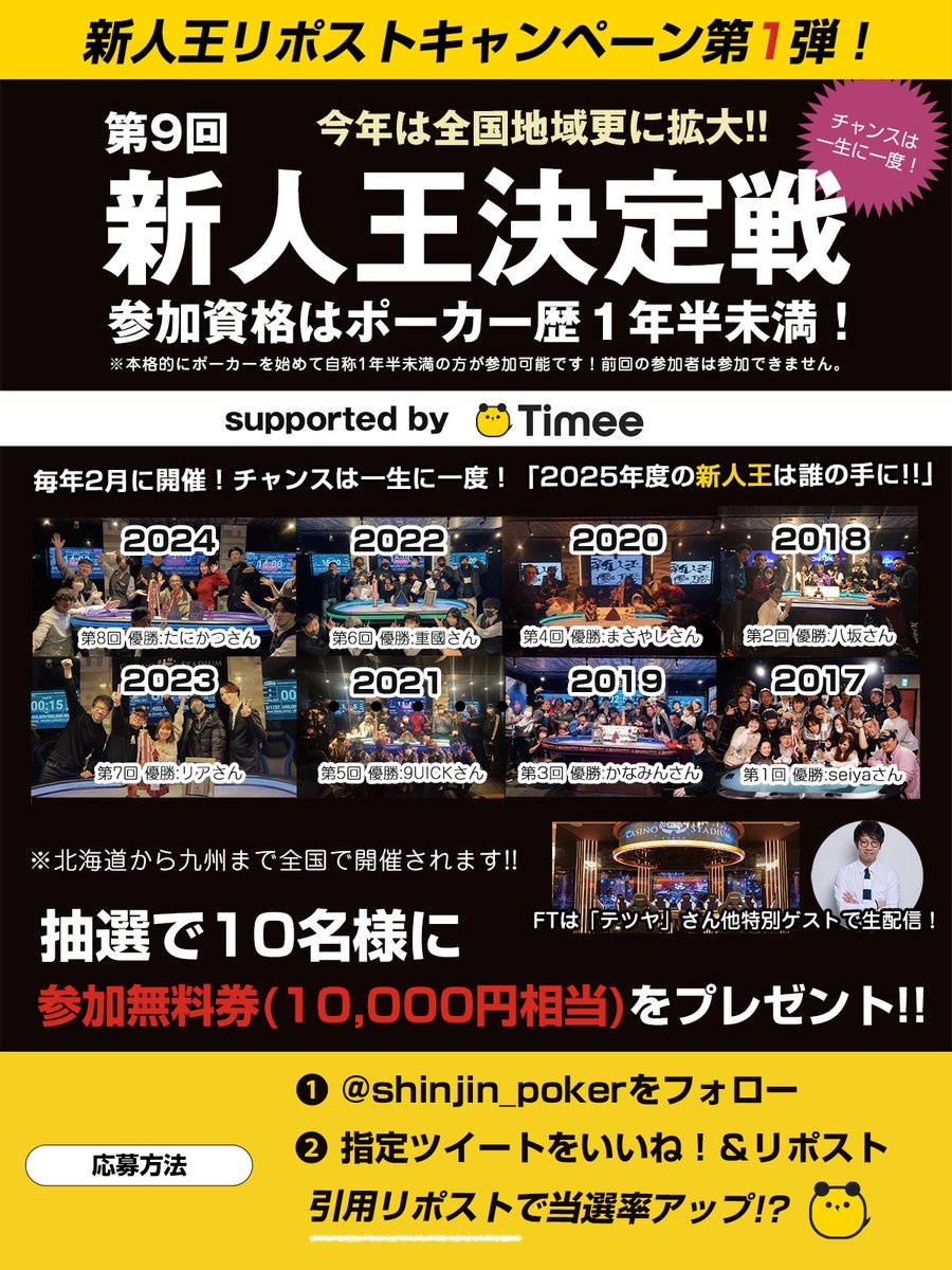 shinjin_poker's tweet photo. ／
#新人王リポストキャンペーン‼️
＼
「✨第9回新人王決定戦❗️」
参加資格はポーカー歴1年半未満❗️

フォロー＆RPで10名様に「参加無料券」をプレゼント‼️
※予約済みの方にも適用✨
是非意気込み等を書いてRPください☺️

▼全国Day1日程,予約詳細はコチラ
https://t.co/KPmbUtSGDQ

チャンスは一生に一度‼️
各会場定員ありご予約はお早めに❗

※キャンペーン〆切1/17(金)23:59